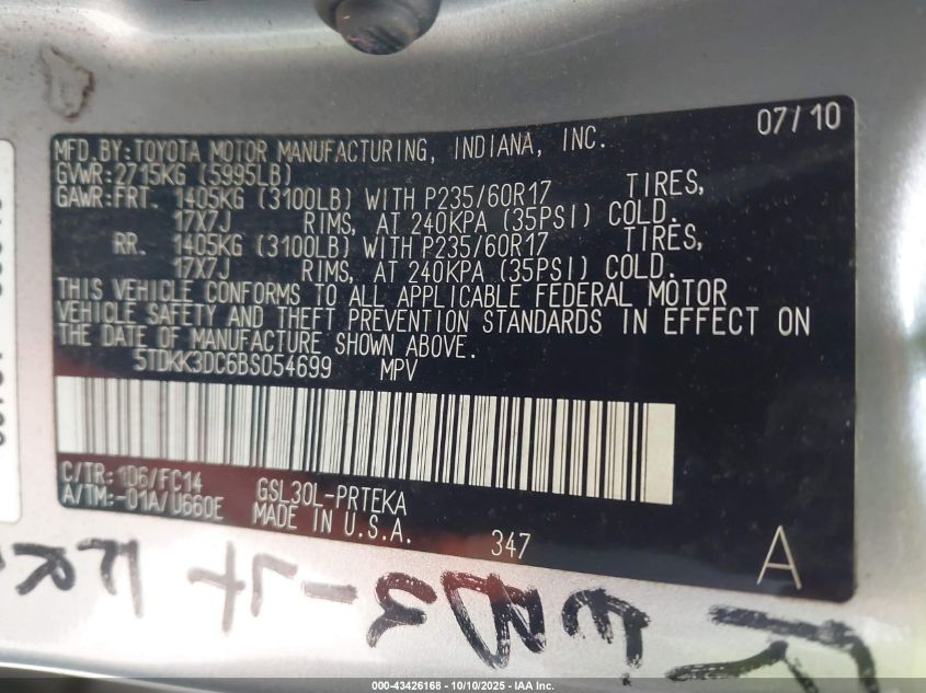 2011 Toyota Sienna Le V6 VIN: 5TDKK3DC6BS054699 Lot: 43426168