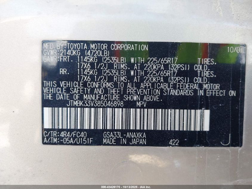 2008 Toyota Rav4 Base V6 VIN: JTMBK33V385046898 Lot: 43426170