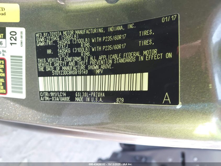 2017 Toyota Sienna Xle Premium 8 Passenger VIN: 5TDYZ3DC8HS819149 Lot: 43426182