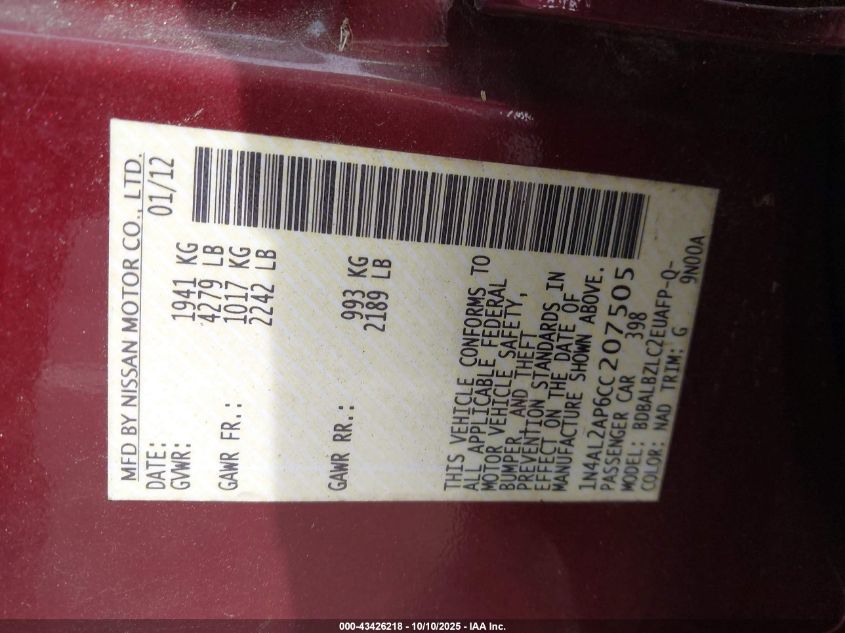 2012 Nissan Altima 2.5 S VIN: 1N4AL2AP6CC207505 Lot: 43426218