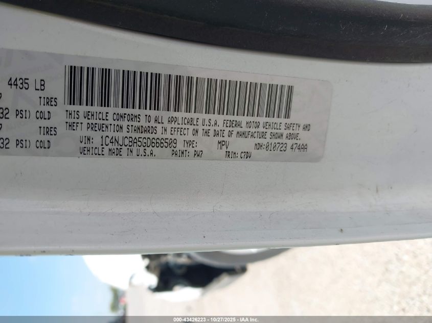 2016 Jeep Compass Sport VIN: 1C4NJCBA5GD666509 Lot: 43426223