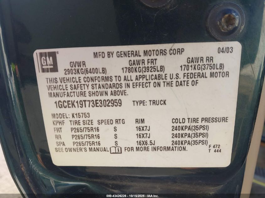 2003 Chevrolet Silverado 1500 Ls VIN: 1GCEK19T73E302959 Lot: 43426226