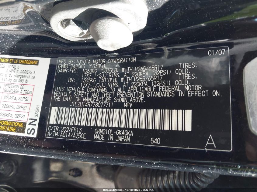 2007 Toyota 4Runner Sport V6 VIN: JTEZU14R778077711 Lot: 43426236