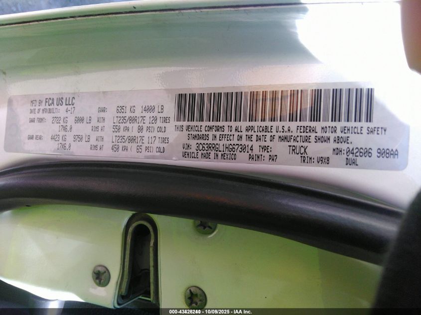 2017 Ram 3500 Tradesman 4X4 8' Box VIN: 3C63RRGL1HG673014 Lot: 43426240