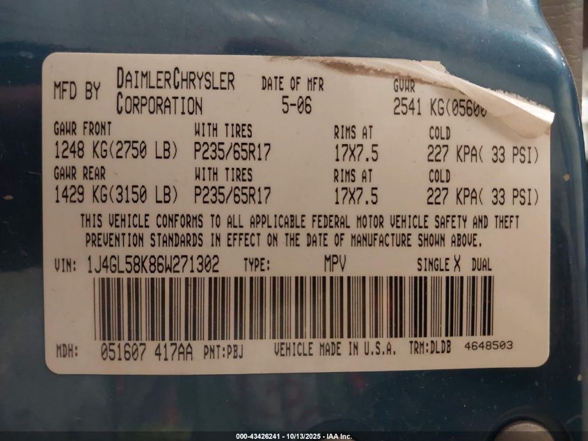 2006 Jeep Liberty Limited Edition VIN: 1J4GL58K86W271302 Lot: 43426241
