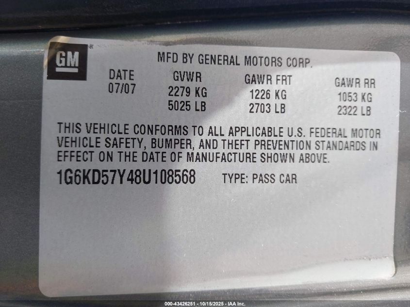 2008 Cadillac Dts 1Sc VIN: 1G6KD57Y48U108568 Lot: 43426251