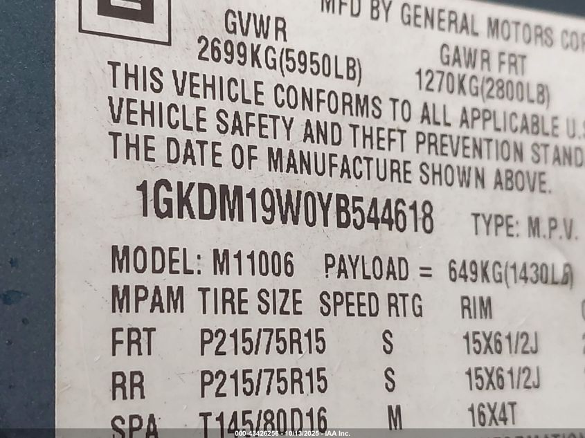 2000 GMC Safari Sl VIN: 1GKDM19W0YB544618 Lot: 43426256