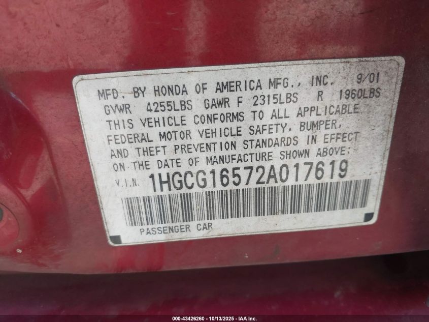 2002 Honda Accord 3.0 Ex VIN: 1HGCG16572A017619 Lot: 43426260