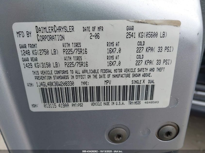 2006 Jeep Liberty Sport VIN: 1J4GL48K36W208330 Lot: 43426262