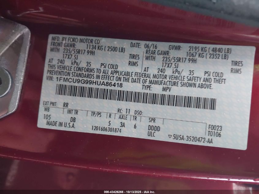 2017 Ford Escape Se VIN: 1FMCU9G99HUA86418 Lot: 43426266