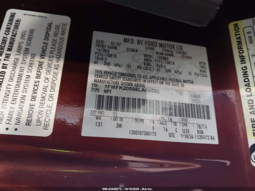 2008 Ford Expedition El Limited VIN: 1FMFK20598LA09992 Lot: 43426272