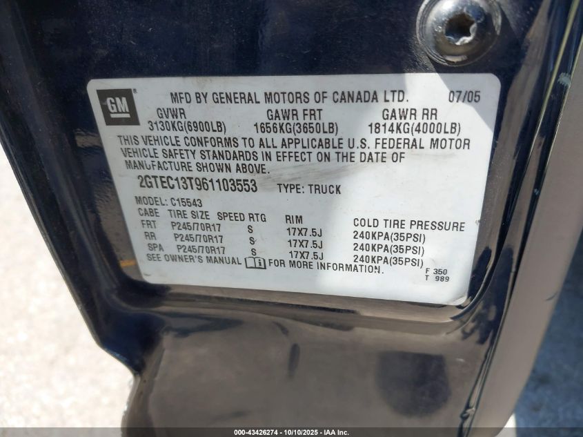 2006 GMC Sierra 1500 Sle1 VIN: 2GTEC13T961103553 Lot: 43426274