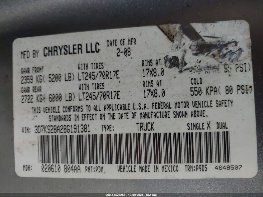 2008 Dodge Ram 2500 St/Sxt VIN: 3D7KS28A28G191381 Lot: 43426288