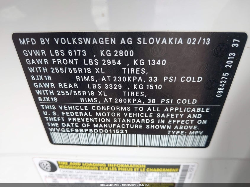 2013 VOLKSWAGEN TOUAREG VR6 SPORT WVGEF9BP8DD011521