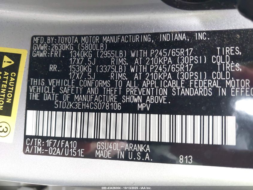 2012 Toyota Highlander Base V6 VIN: 5TDZK3EH4CS078106 Lot: 43426304