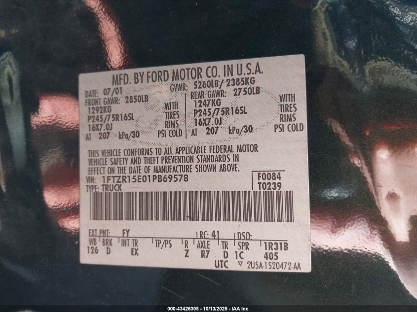 2001 Ford Ranger Edge/Xlt VIN: 1FTZR15E01PB69578 Lot: 43426305