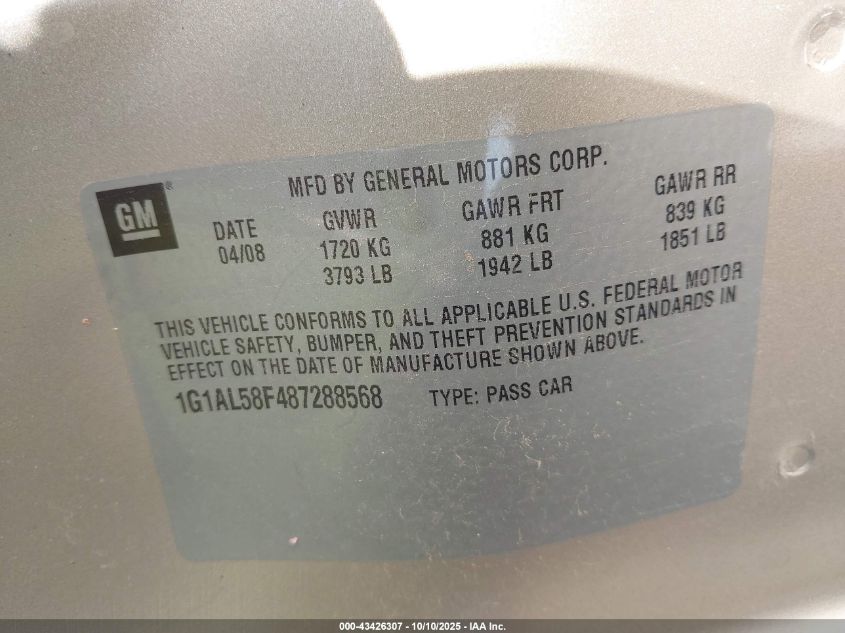 2008 Chevrolet Cobalt Lt VIN: 1G1AL58F487288568 Lot: 43426307
