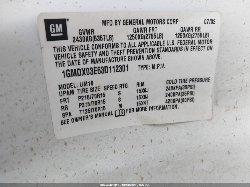 1GMDX03E63D112301 2003 PONTIAC MONTANA photo no. 9