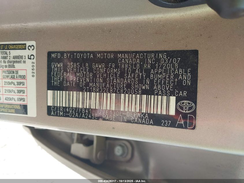 2007 Toyota Corolla Le VIN: 2T1BR32E87C820058 Lot: 43426317