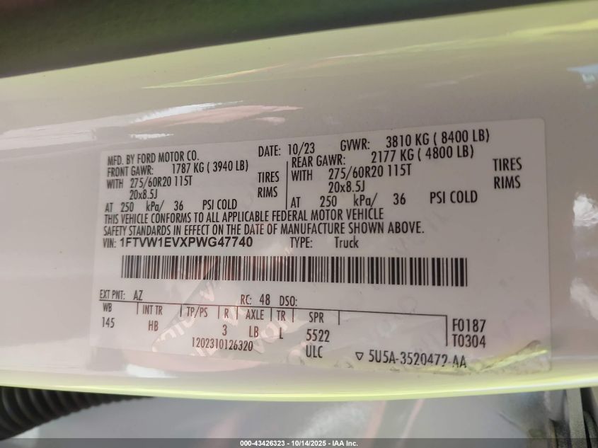 2023 Ford F-150 Lightning Lariat VIN: 1FTVW1EVXPWG47740 Lot: 43426323