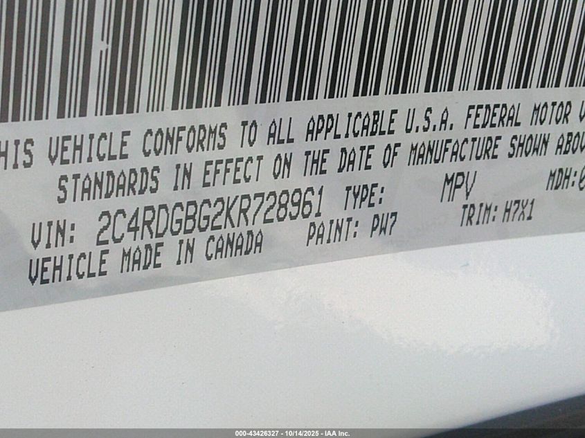 2019 Dodge Grand Caravan Se VIN: 2C4RDGBG2KR728961 Lot: 43426327