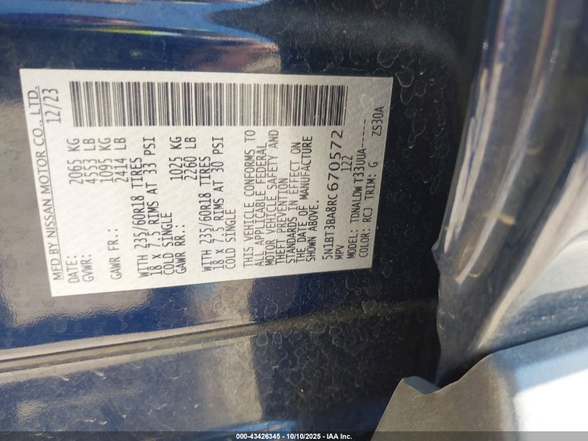 2024 Nissan Rogue Sv Fwd VIN: 5N1BT3BA8RC670572 Lot: 43426345