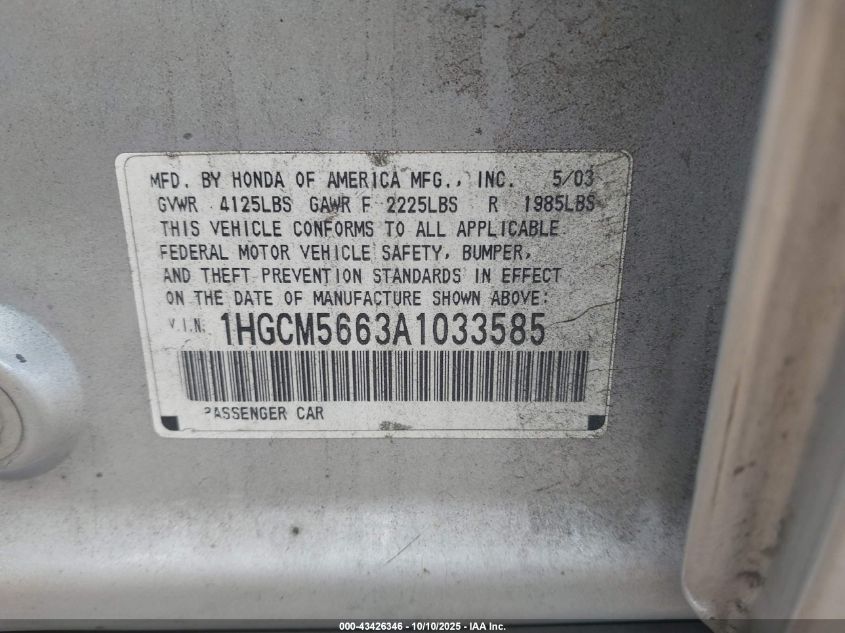 2003 Honda Accord 2.4 Ex VIN: 1HGCM56653A103585 Lot: 43426346