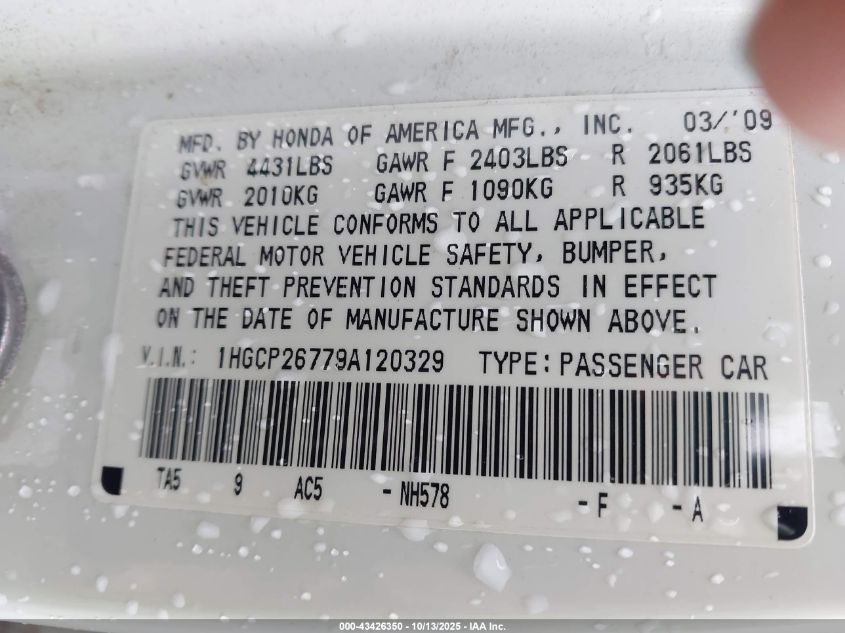 2009 Honda Accord 2.4 Ex VIN: 1HGCP26779A120329 Lot: 43426350