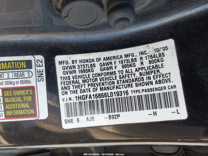 2006 Honda Civic Ex VIN: 1HGFA16866L019316 Lot: 43426354