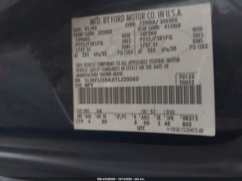 2000 Lincoln Navigator VIN: 5LMFU28AXYLJ20060 Lot: 43426356