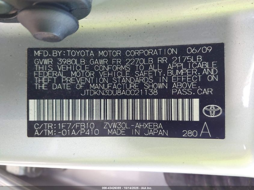 2010 Toyota Prius Ii VIN: JTDKN3DU8A0021138 Lot: 43426359