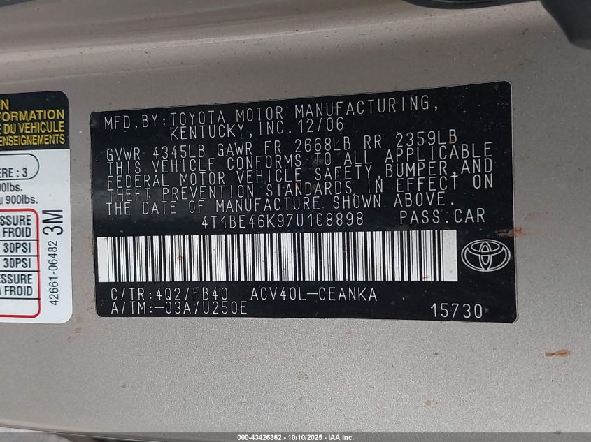 2007 Toyota Camry Ce/Le/Xle/Se VIN: 4T1BE46K97U108898 Lot: 43426362