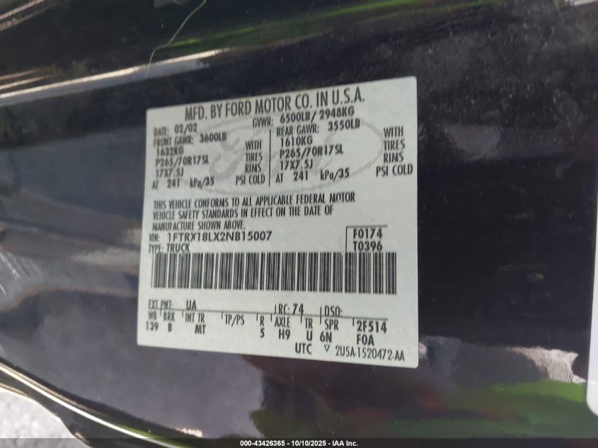 2002 Ford F-150 Lariat/Xl/Xlt VIN: 1FTRX18LX2NB15007 Lot: 43426365