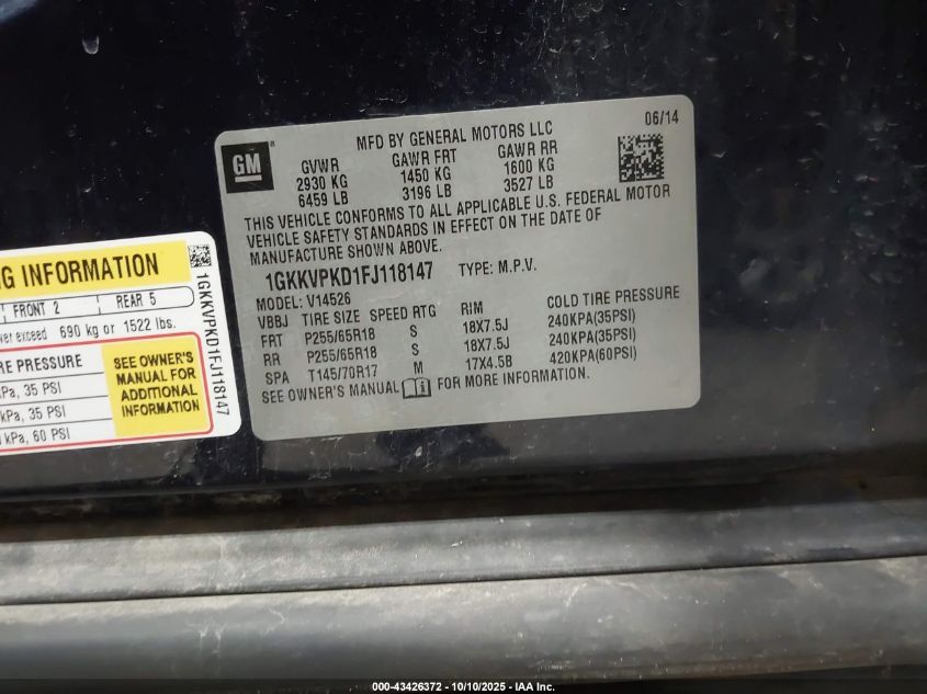 2015 GMC Acadia Sle-2 VIN: 1GKKVPKD1FJ118147 Lot: 43426372