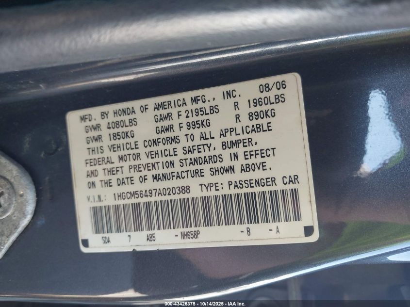 2007 Honda Accord 2.4 Lx VIN: 1HGCM56497A020388 Lot: 43426375