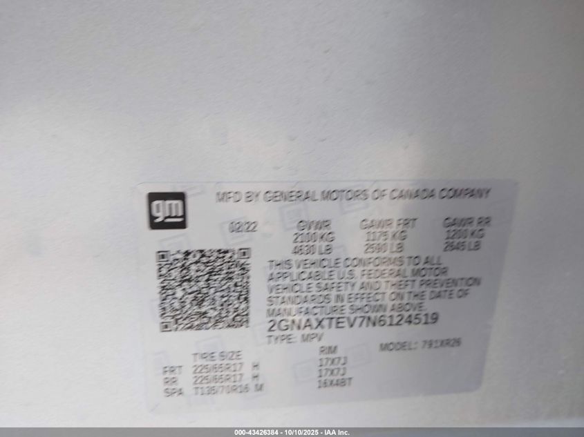 2022 Chevrolet Equinox Awd 2Fl VIN: 2GNAXTEV7N6124519 Lot: 43426384