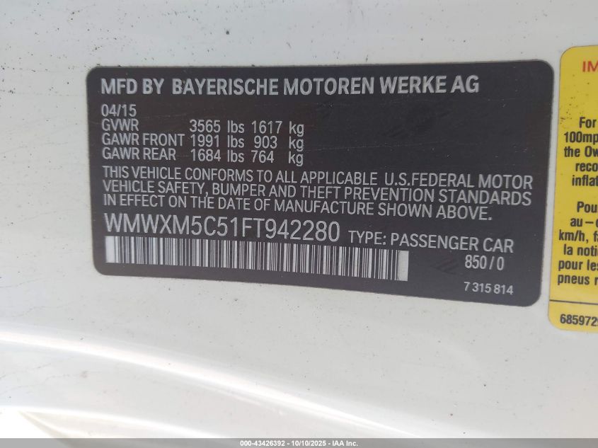 2015 Mini Hardtop Cooper VIN: WMWXM5C51FT942280 Lot: 43426392