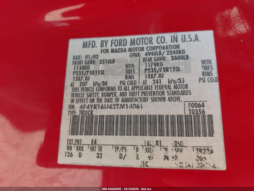 2002 Mazda B3000 Ds VIN: 4F4YR16U42TM14061 Lot: 43426395