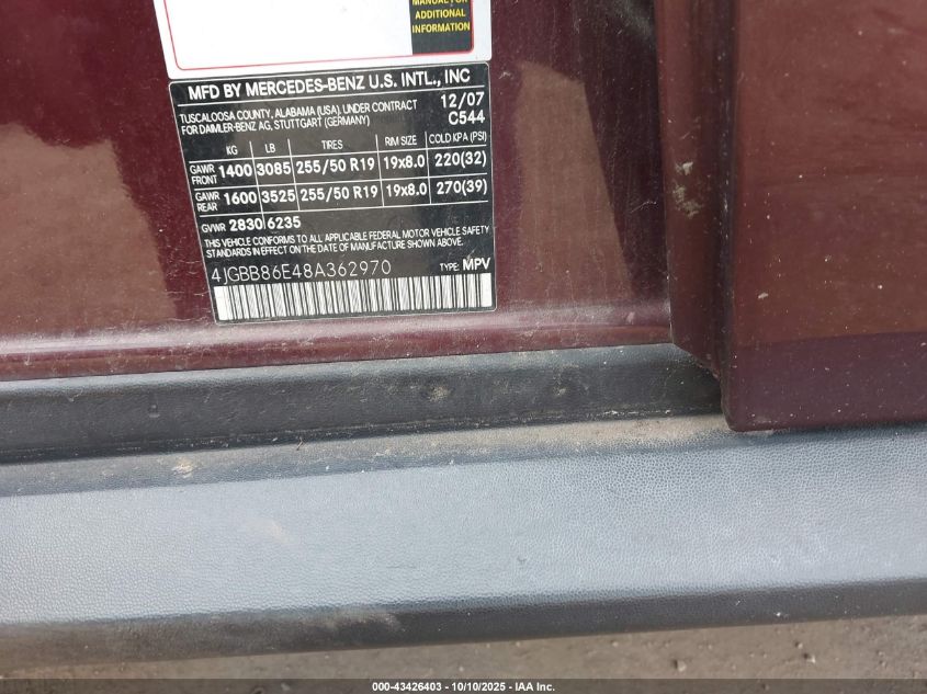 2008 Mercedes-Benz Ml 350 4Matic VIN: 4JGBB86E48A362970 Lot: 43426403