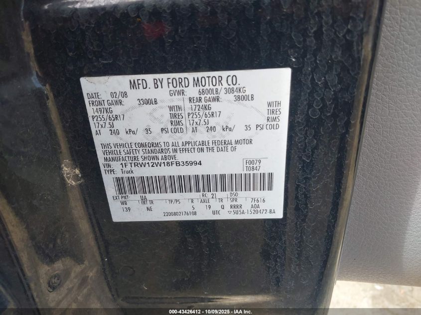 2008 Ford F-150 60Th Anniversary/Fx2/Xl/Xlt VIN: 1FTRW12W18FB35994 Lot: 43426412