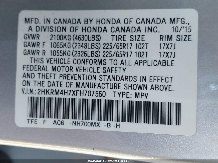 2015 Honda Cr-V Ex-L VIN: 2HKRM4H7XFH707560 Lot: 43426415
