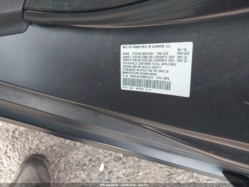 2019 Honda Odyssey Ex-L VIN: 5FNRL6H7XKB013314 Lot: 43426420