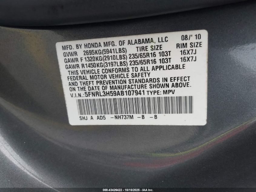 2010 Honda Odyssey Ex VIN: 5FNRL3H59AB107941 Lot: 43426422