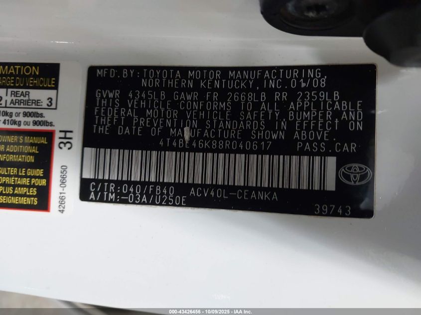 2008 Toyota Camry VIN: 4T4BE46K88R040617 Lot: 43426456