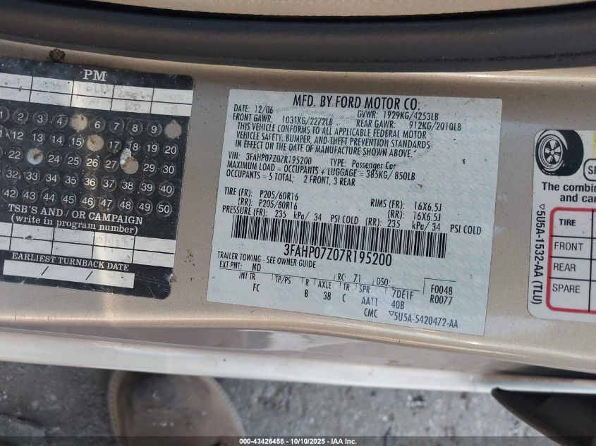 2007 Ford Fusion Se VIN: 3FAHP07Z07R195200 Lot: 43426458