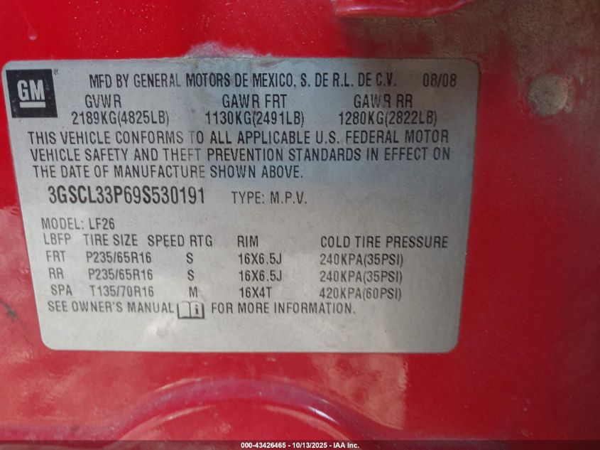 2009 Saturn Vue 4-Cyl Xe VIN: 3GSCL33P69S530191 Lot: 43426465