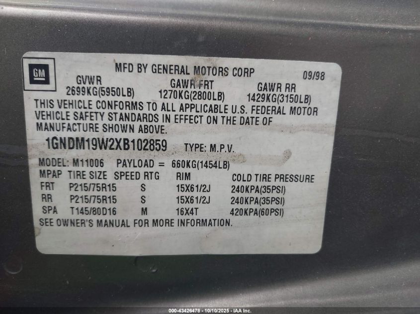 1999 Chevrolet Astro VIN: 1GNDM19W2XB102859 Lot: 43426478