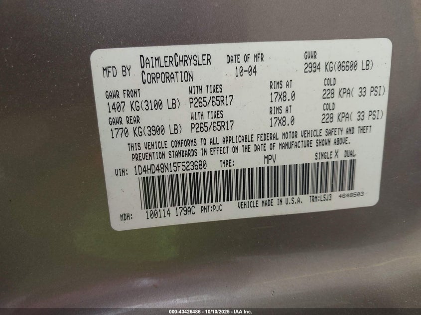 2005 Dodge Durango Slt VIN: 1D4HD48N15F523680 Lot: 43426486