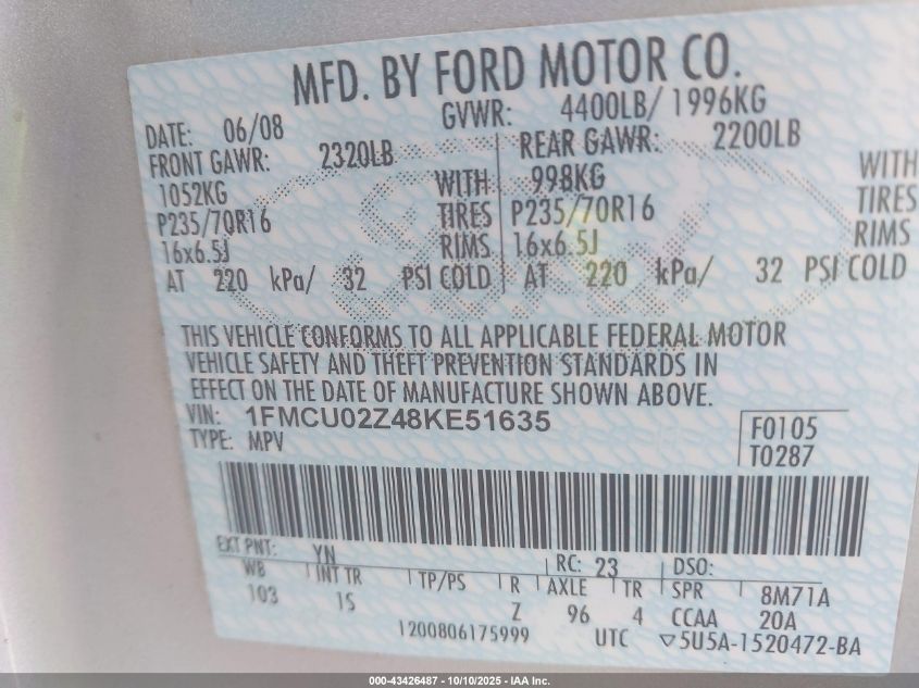 2008 Ford Escape Xls/Xls Manual VIN: 1FMCU02Z48KE51635 Lot: 43426487