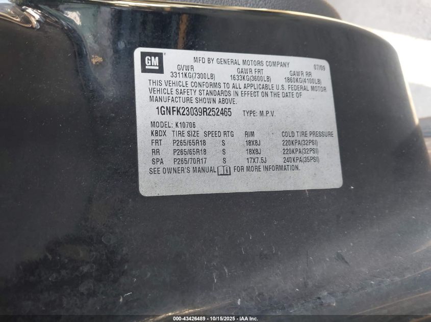 2009 Chevrolet Tahoe Lt2 VIN: 1GNFK23039R252465 Lot: 43426489